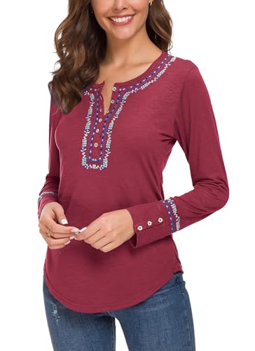 Urban CoCo Women's Long Sleeve Boho Shirt Embroidered Top