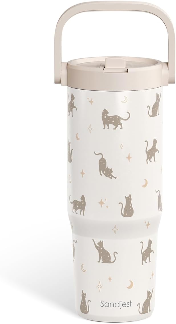 SANDJEST Cat Stainless Steel Straw Lid Tumbler 30oz with Carry Handle for Women Girls Cat Lovers, Insulated Travel Coffee ...
