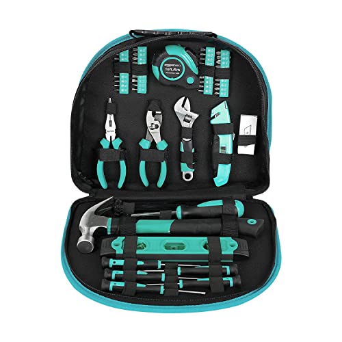 Amazon Basics 104-Piece Home Repair Household Tool Set with Easy Carrying Round Pouch, Portable Hand Tool Kit, Turquoise, ...