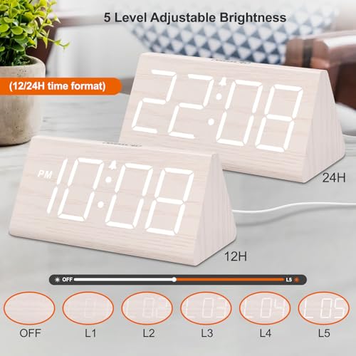DreamSky Wooden Digital Alarm Clock for Bedroom - Living Room Desk Clock with Large Numbers, Bedside Nightstand Clock with...