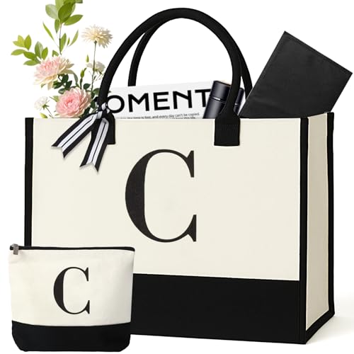 GENGBIN Personalized Canvas Tote Bag for Women Makeup Pouch Initial Beach Bag Removable Bottom Board for Travel Birthday