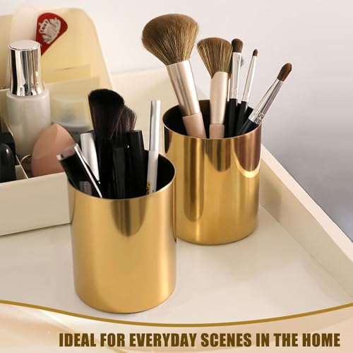 OPSJRNDUSK Gold Pen Holder for Desk, 3.9 Inch Stainless Steel Pencil Cup & Makeup Brush Organizer, Multi-Purpose Office an...