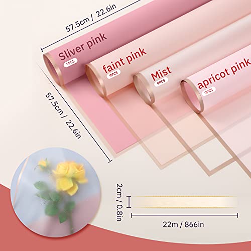 Tenare Flower Wrapping Paper and Ribbon Set 36 Sheets Bouquet Wrapping Paper with 50 Yards Double Face Satin Ribbon for Fl...