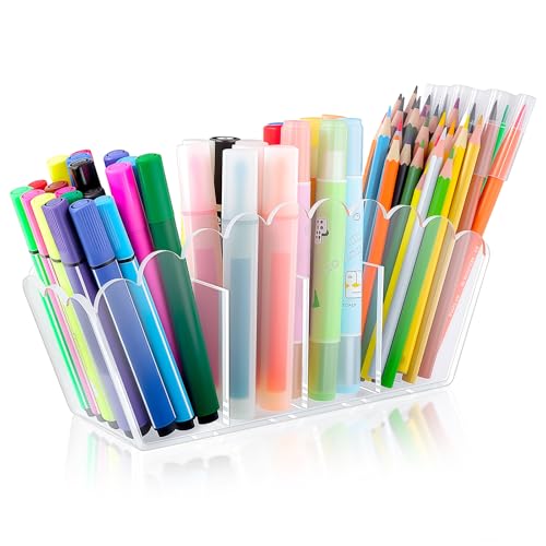 Novacrylion Scalloped Acrylic Pencil Holder – Clear Desk Organizer with 4 Compartments – Makeup Brush Holder & Remote Cadd...