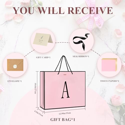 ZUKEPU Birthday Gift Bag, Personalized Initial Pink Gift Bags for Women & Girls, Medium Valentines Gift Paper Bags with Ca...