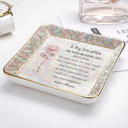 to My Daughter on Your Wedding Day, Personalized Floral Ceramic Jewelry Tray for Daughter from Mom, Custom Birth Flower Tr...