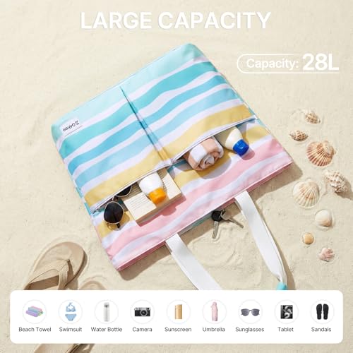 G4Free Beach Bags for Women Sandproof Foldable Beach Bag Tote with Waterproof Compartment Pool Travel