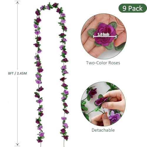 KHOYIME 9 Pack 72 FT Artificial Flower Garland, Fake Purple Roses Vines Silk Flowers Faux Plastic Outdoor Hanging Floral I...