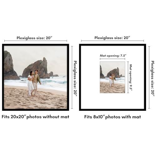 Americanflat 20x20 Picture Frame with Polished Plexiglass - Use as 8x10 Frame with Mat or Display 20x20 Photo Without Mat...