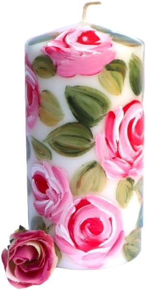 Romantic Decorative Unscented Dripless 6 Inch Tall Decorative Large White Pillar Candle with Hand Painted Pink Roses Shabb...
