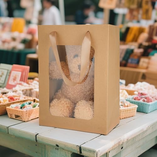 MOXARYSU 12 Pcs Brown Gift Bags with Clear Window: 9.8x5.1x7.1 Inch Small Medium Kraft Paper Bags with Handle For Party Bu...