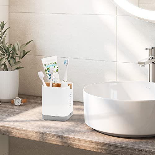 Boperzi Toothbrush and Toothpaste Holder with Bamboo Divider for Bathroom Countertop Organizer, Plastic Detachable Anti-Sl...