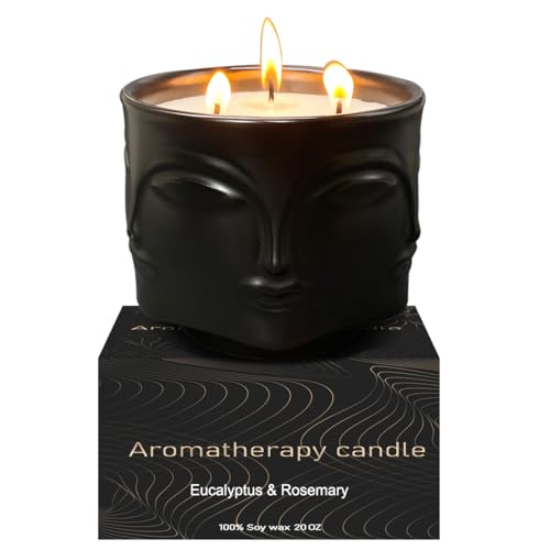 Strong Eucalyptus & Rosemary 3 Wick Black Large Candle, 20oz, Ceramic, Outdoor Scented Candles, 100% Soy, for Home Scente...