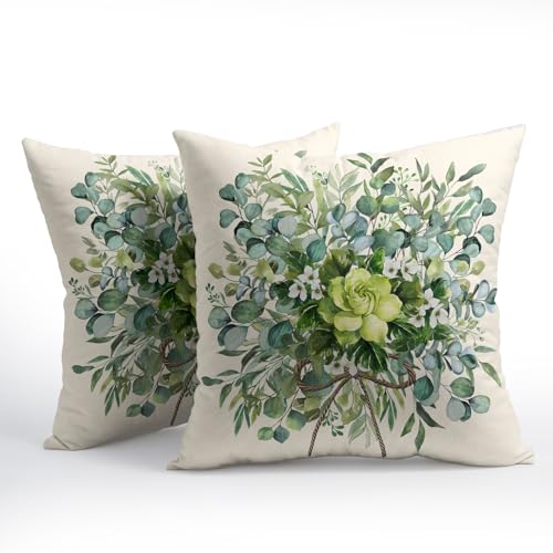 Trongr Spring Pillow Covers 18x18 Set of 2 Green Floral Throw Pillow Covers Rustic Pillowcase Linen Decoration Farmhouse S...