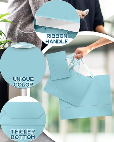 qiqee 10PCS Lake Blue Gift Bags with Ribbon Handles Mulit Assorted Sizes Gift Wide Bags (2pcs Large 13", 4pcs Medium 9.6",...