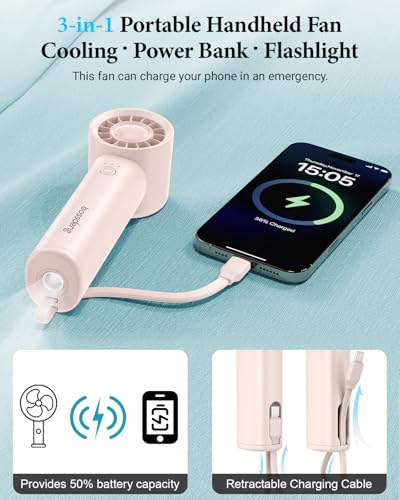 bossdeng Portable Handheld Fan with Power Bank(High-Speed),3 IN 1 USB Rechargeable Mini Personal Fan with Flashlight,Small...
