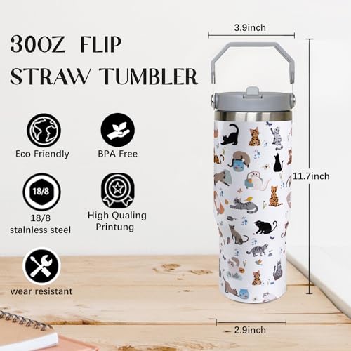 30oz Cat Tumbler with Handle and Straw, Reusable Stainless Steel Insulated Leak Proof Travel Coffee Mug, Cat Gifts for Women