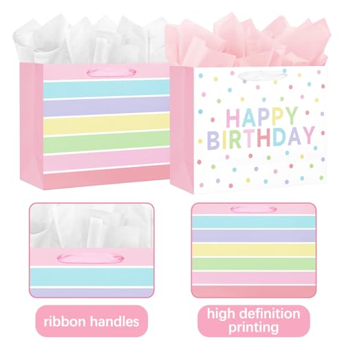 2-Pack 13" Large Happy Birthday Gift Bags Party with Tissue Paper, Cards for Girls Women Birthday Party Favors Wrap