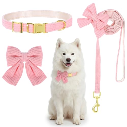 2pcs Dog Collar and Leash Set with Bowtie Cute Small Dog Collar Harness Leash Set Adjustable Breathable Soft Padded for Sm...