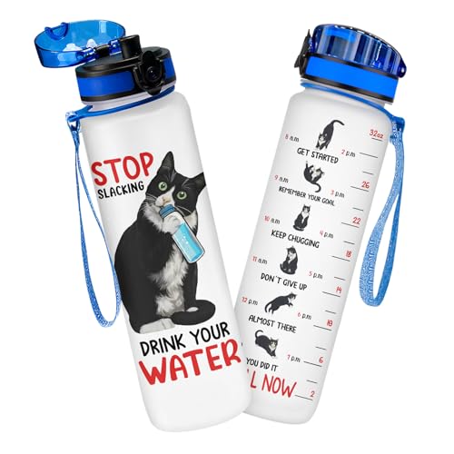 GEPOSTORE Funny Cat Hydration Water Bottle 32oz with Time Marker, Cute Cat Mom Gift for Women, Reusable Daily Motivation D...