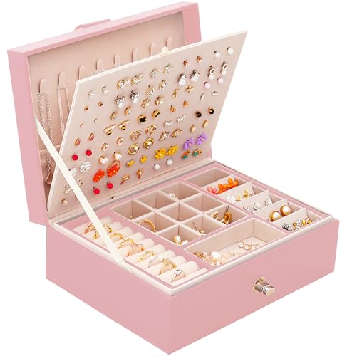 QBestry Girls Jewelry Box Earring Holder Organizer for Girls Earring Organizer Teen Jewelry Box Organizer for Girl Pink je...