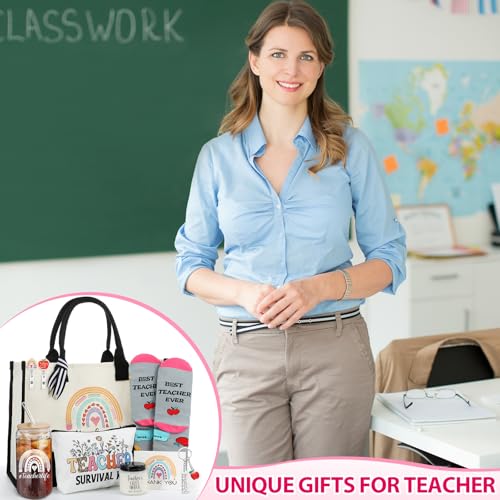 Skylety 9 Pcs Teacher Gift Set for Women Trapezoid Grocery Canvas Tote Bags with Handle Glass Jar Tumbler Scented Candle B...