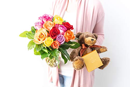 From You Flowers - One Dozen Rainbow Roses with Chocolates & Bear with Glass Vase | Fresh Flower Bouquets for Birthday, An...