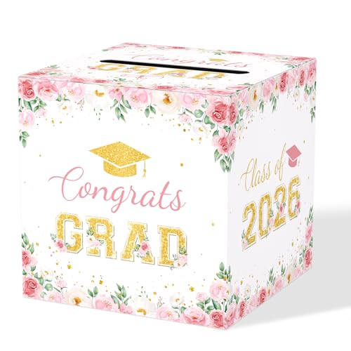 JCTHKUKU Floral Graduation Card Box 2026, Pink Flower Congrats Grad Card Holder Box, Graduation Party Money and Gift Card ...