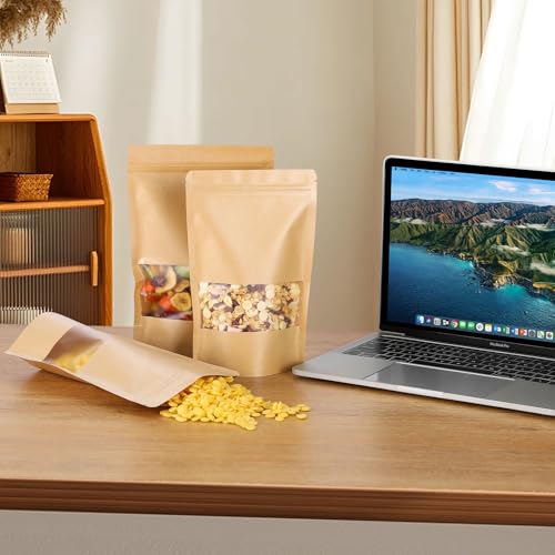 50 Pcs 4x6 Inch Kraft Paper Bags with Transparent Window, Stand Up Pouches,Smell Proof Bags,Resealable Bags for Small Busi...