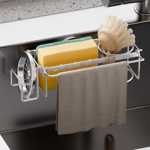 TAILI Sponge Holder with Strong Suction Cup, 4-in-1 Rustproof Sink Organizer - Sink Caddy Holds Sponges, Brushes, Stoppers...