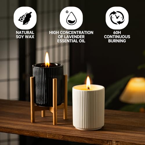 HUICAIMAO Lavender Scented Candle with Wood Stand& Ceramic Jar - 60H Natural Soy Wax, Highly Scented Aromatherapy Candle f...