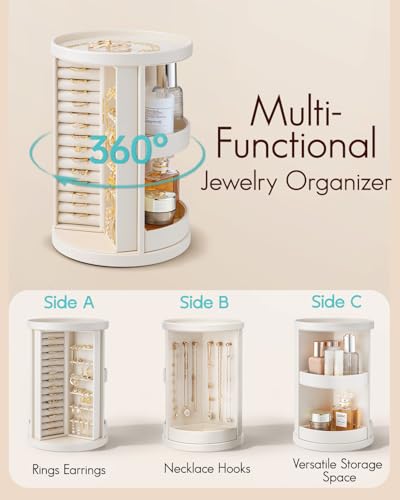 VLANDO 360°Rotating Jewelry Box,Earring Organizer Large Vertical Jewelry Organizer with 6 Necklace Hooks, Open Ring Displa...