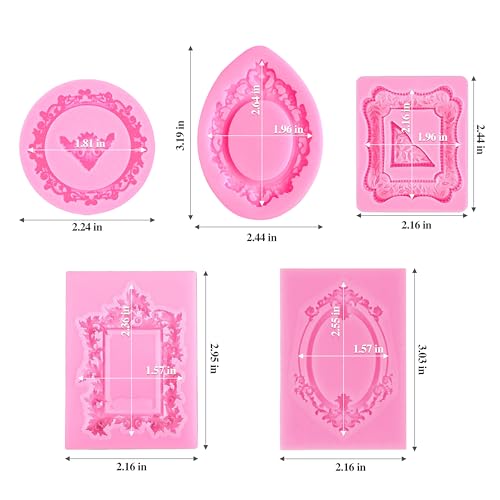 5 Pack Photo Frame Fondant Molds,Picture Frames Silicone Mold Vintage Frame Molds, Baroque Style Air Dry Clay Molds,For Ca...