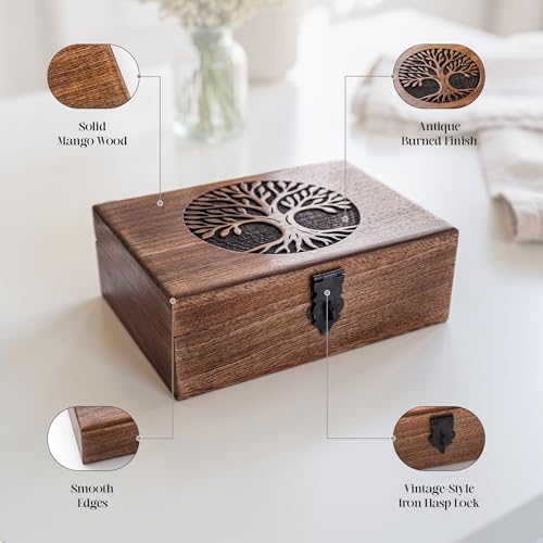 inanosa Handmade Mango Wood Tree of Life Jewelry Box, 7x5 inch Hand Carved Keepsake Box & Organizer, Unique Gift for Men &...