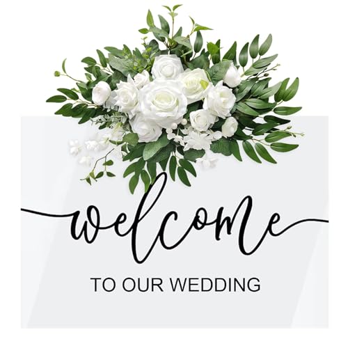 Roahosy Artificial Flower Swag, Wedding Sign Flowers White Rose Flower Arrangements for Wedding Ceremony Reception Entranc...