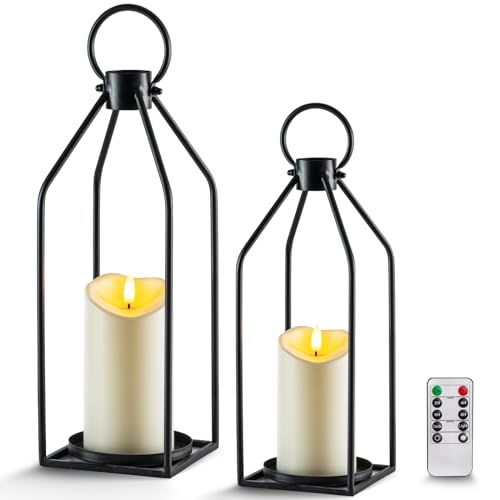 Homemory Modern Farmhouse Lantern Decor with Waterproof Flameless Candle & Remote Timer, 2PCS Black Metal Candle Lantern D...