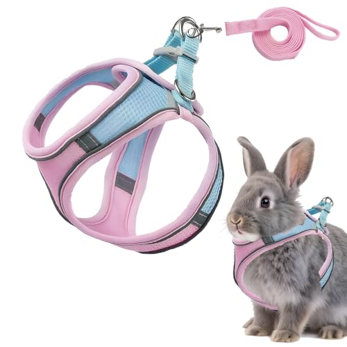 Rabbit Harness and Leash Set Escape Proof, Adjustable Soft Padded Vest, Breathable Mesh Bunny Harness with Reflective Stra...