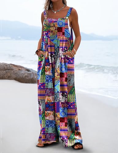 YESNO Women's Summer Casual Overalls Loose Wide Leg Jumpsuits Boho Floral Printed Baggy Rompers with Pockets PZH