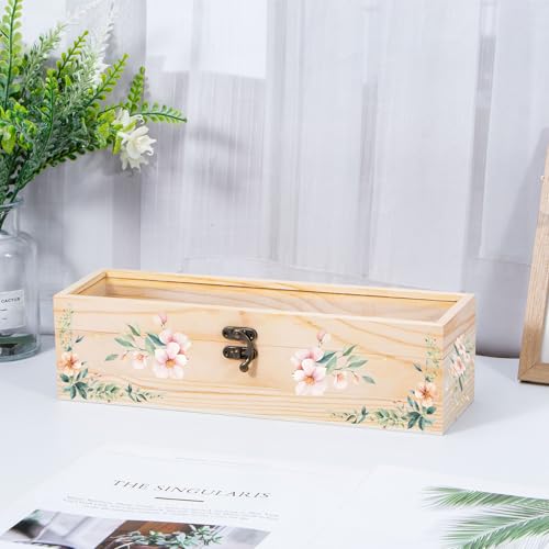 Useekoo Unfinished Wooden Box with Hinged Glass Lid, 11.8" x 3.3" x 3.2" Wood Wine Box, Decorative Keepsake Box for Gift, ...