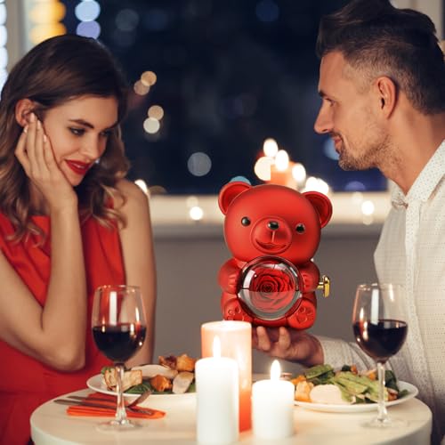 Cute Teddy Bear with Preserved Rose - A Real Rose Flower in Bear with Elegant Gift Box - Romantic Gift for Her in Mother's...