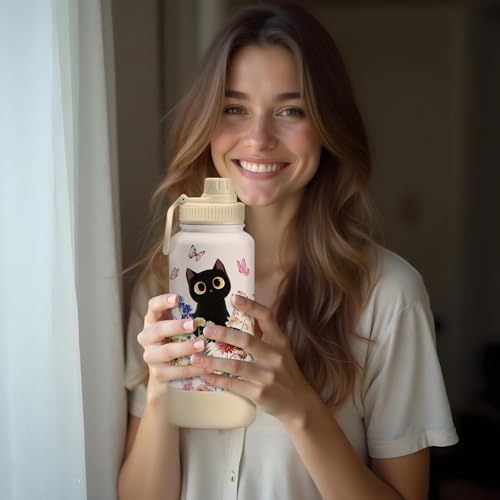 Gift for Cat Lovers - 34oz Black Cat Water Bottle for Girls, Cats Flower Tumbler with Lid, Leak-Proof, Double Wall Travel ...