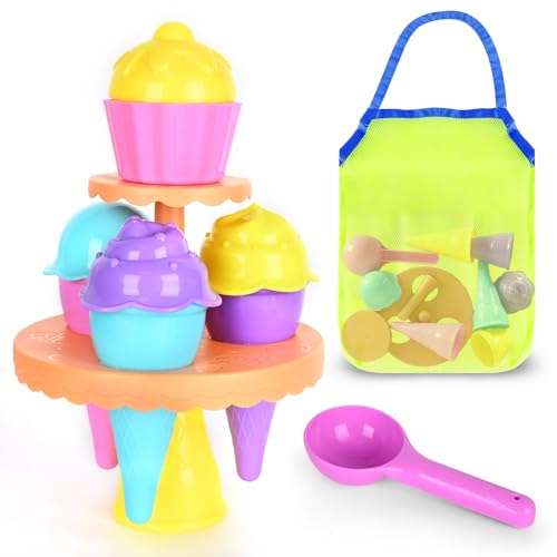 SupMLC Beach Toys Ice Cream Sand Toys - Toddlers Beach Essentials for Kids Girls Boys, Sand Molds, Shovels with Collapsibl...