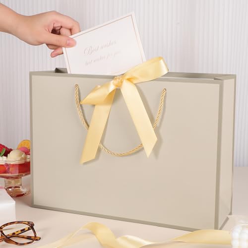 woric 2 Pcs Gift Bags with Handles, 14" Medium Gift Bag with 4 Tissue Paper & 2 Cards Gold Bag for Bridal Shower Wedding M...