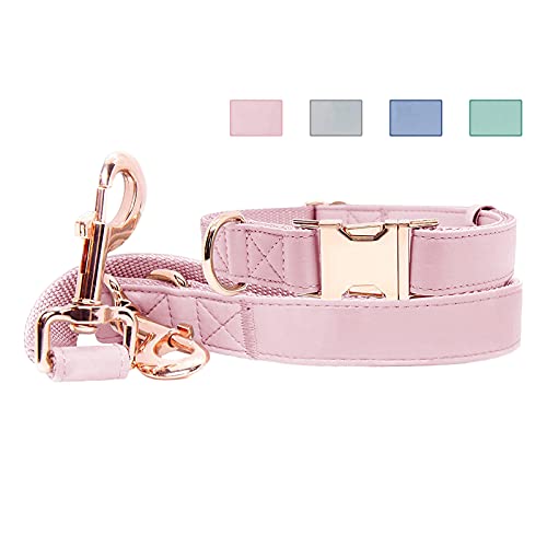 Soft Leather Dog Collar and Leash (6.6') Set - Stylish Rose Gold Heavy Duty Metal Buckle, 4 Adjustable Lengths Leash for S...