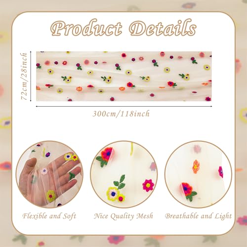 YATOJUZI Champagne Table Runner Embroidery Daisy Summer Floral Decorations Seasonal Tulle Dining Table Runners for Home Ki...