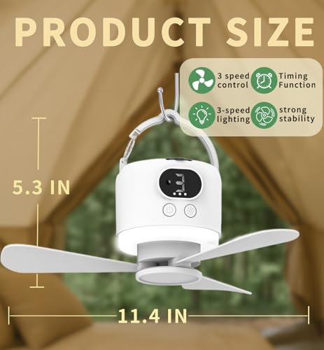 geonfi Camping Fan 10400mAh Battery Operated, USB Rechargeable Tent Fan with Remote Control,3 Detachable Blades, LED Ligh...
