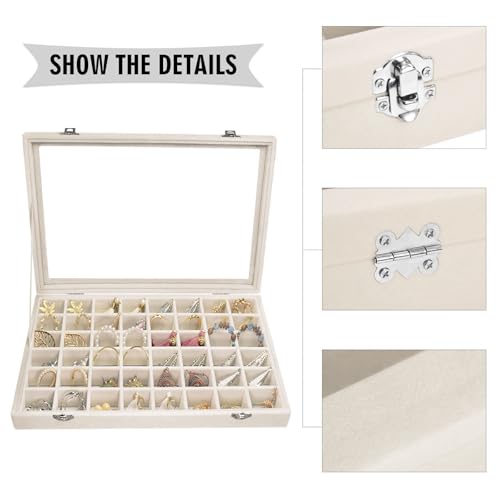 Siveit Velvet Jewelry Tray 48 Grid Jewelry Display Tray Organizer Box with Transparent Lid Rings Earrings Necklaces Pendan...