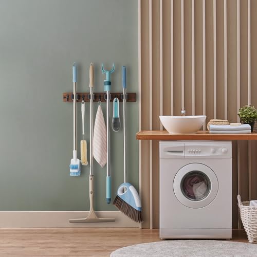 OUTNILI Mop and Broom Holder Wall Mount - Rustic Wood Broom Mop Hanger - Wall Mounted Garden Tool Rack Organizer for Close...