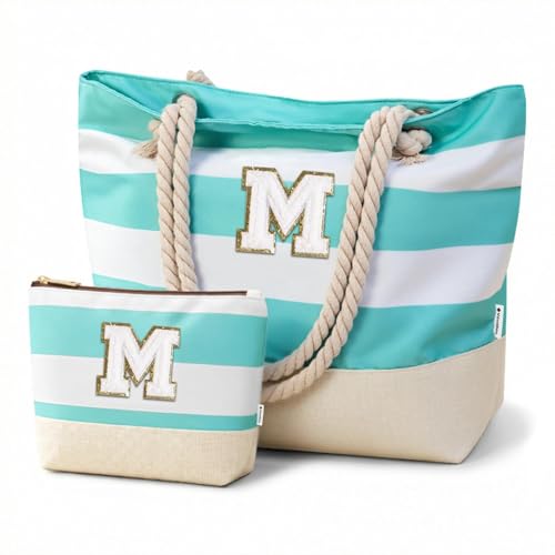 Vavabox Initial Beach Tote Bag for Women, Water-resistant Travel Beach Bag Pool Bag Set, Birthday Gifts for Women Mom