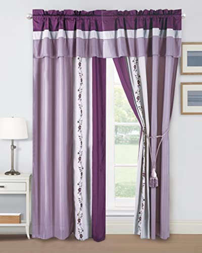 Chezmoi Collection Linnea 4-Piece Luxury Purple/Lavender/Gray Cherry Blossom Floral Embroidery Window Curtain Panel Set wi...